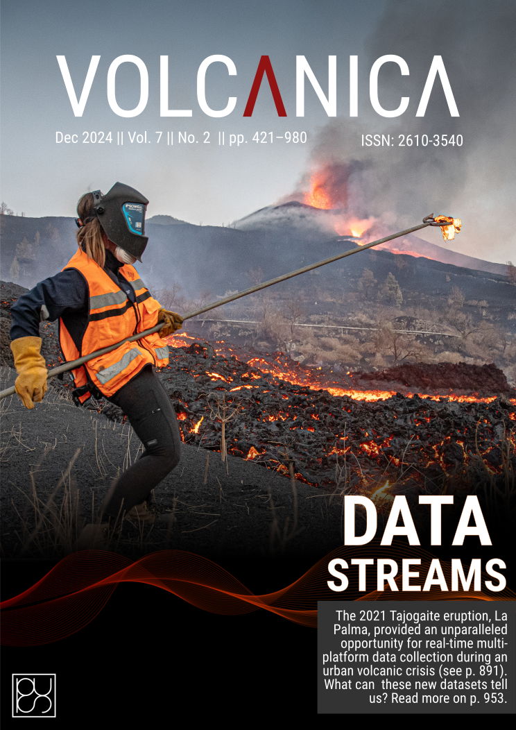 The front cover of Volcanica Volume 7 Issue 2. In this image, captured by Rafa Avero /INVOLCAN, a PhD student samples molten lava from an active flow channel during the 2021 La Palma volcanic eruption.  Read more about this eruption on pages 891 and 923.”