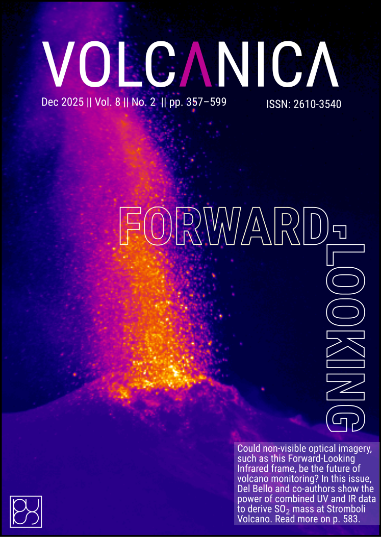Thermal infrared imaging of explosive eruptions to retrieve SO2 masses. Image by Elisabetta Del Bello/Piergiorgio Scarlato/INGV. Cover design © Volcanica 2025.